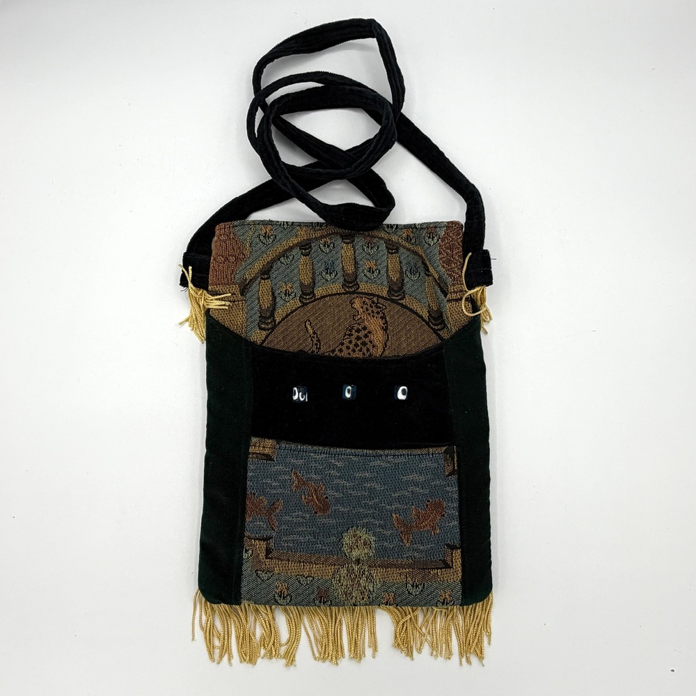 Vintage Tapestry Crossbody Bag Leopard Koi Fish Velvet Trim Fringe Boho Purse